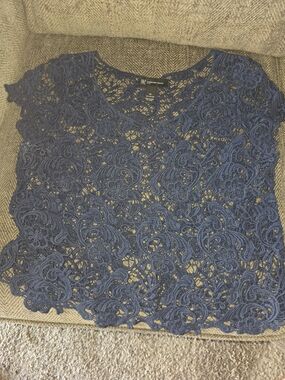 INC International Concepts Navy Floral Lace Short Sleeve Top